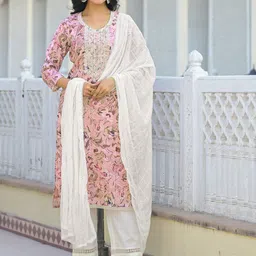 Label Khoj loral Embroidered V-Neck Thread Work Kurta With Trousers And Dupatta-image-99