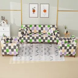 Myntra Elegant Homes Green & Black Geometric Printed 5 Seater Sofa Cover With Arms-image-88