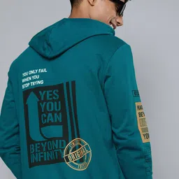 HERE&NOW Men Teal & Yellow Printed Hooded Sweatshirt-image-39