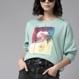 The Roadster Lifestyle Co. Women Sea Green & Yellow Printed Oversized Sweatshirt-image-36