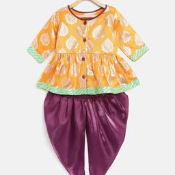 BownBee Girls Mustard Yellow & Purple Foil Print Kurti with Dhoti Pants-image-66
