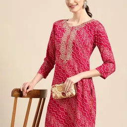 Sangria Women Pink Bandhani Embroidered Thread Work Kurta-43