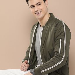 HERE&NOW Solid Stand-Collar Bomber Jacket-image-99