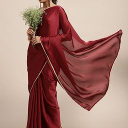 HERE&NOW Maroon Dyed Pearl Embellished Satin Saree-image-15