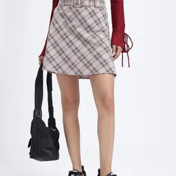 glitchez Tartan Tale Mid-Rise Pure Cotton Straight Mini Skirt with Belt-image-59