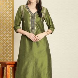 House of Pataudi Women Green & Gold-Toned Ethnic Motifs Yoke Design Thread Work Kurta-picture-36