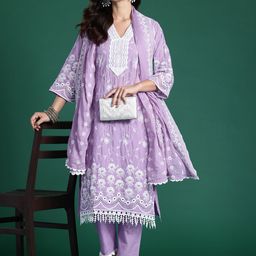 Indo Era Floral Embroidered Thread Work Pure Cotton Kurta With Trousers & Dupatta-image-96