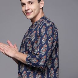 Indo Era Men Navy Blue & White Cotton Printed Kurta-20