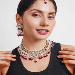 Divisha Gold-Plated Stone Studded & Beaded Jewellery Set-image-32