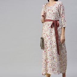 SheWill Women White & Maroon Floral Printed Belted Detail Cotton A Line Kurta-image-86