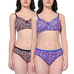 FIMS Black & Blue Floral Print Bra Panty Sets - Pack Of 2-image-1