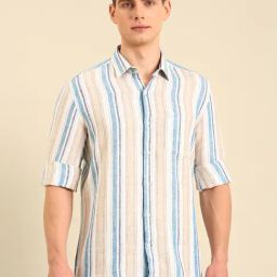 Linen Club Blue Linen Slim Fit Casual Shirt-image-11