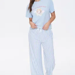 Forever 21 Light Blue & White Printed Tee With Pyjama Set-image-58