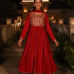 Juniper Maroon Printed A Line Kurta With Shrug & Dupatta image 1