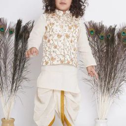 Little Bansi Kids Cream Embroidered Full Sleeves Kurta , Jacket with Dhoti-image-37