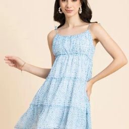 Moomaya Light Blue & White Floral Print Fit & Flare Dress-image-72