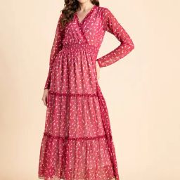 Moomaya Pink & White Floral Print Maxi Dress-image-18