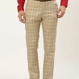 Sojanya Beige Cotton Regular Slim Fit Checks Flat Front Trousers-image-3