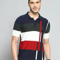 Cloak & Decker by Monte Carlo Navy Blue Pure Cotton Regular Fit Colorblock Polo T-Shirt-image-8