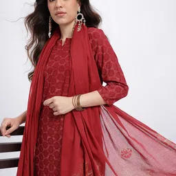HERE&NOW Foil Print Cotton Kurta with Trousers & Dupatta-picture-13