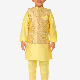 Pro-Ethic Style Developer Kids Yellow Floral Full Sleeves Kurta, Waistcoat with Pyjamas-image-12