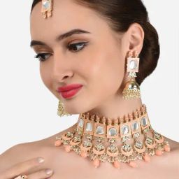 Zaveri Pearls Peach Meenakari Kundan Choker Necklace Earring Maangtikka & Ring Set-ZPFK12478-image-23
