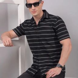 Crimsoune Club Black Linen Blend Slim Fit Stripes Casual Shirt-image-128