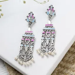 Teejh Ethnic Heemal Pink and Blue Silver Oxidized Dangler Earrings-image-91