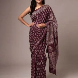 Zari Jaipur Purple Cotton Printed Saree With Unstitched Blouse-picture-11