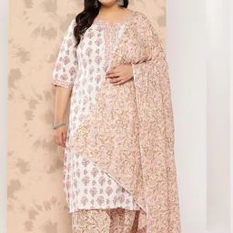Extra Love By Libas White & Peach Cotton Floral Print Kurta Salwar Set With Dupatta-image-26