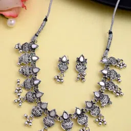 VOJ Silver Plated Oxidized Kalash Shaped Choker & Earrings Set for Women-picture-46