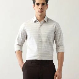 Arrow Beige Cotton Slim fit Stripes Formal Shirt-picture-3