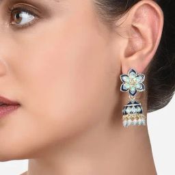 Zaveri Pearls Blue Meenakari Traditional Flower Jhumki Earrings-ZPFK14380-21