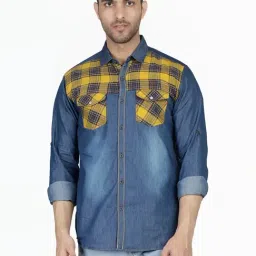 Kuons Avenue Blue & Yellow Slim Fit Checks Denim Shirt-image-29