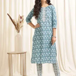 Rangita Blue & White Cotton Printed Kurta Pant Set-picture-7