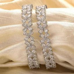 Karatcart American Diamond Studded Silver Plated Floral Bangles for Women Set of 2-image-40