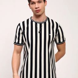 showoffff Showoff Black & White Cotton Slim Fit Striped T-Shirt-picture-48