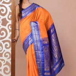 Unnati Silks Orange & Blue Cotton Woven Saree With Unstitched Blouse-image-11