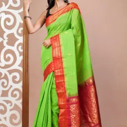 Unnati Silks Green & Red Cotton Woven Saree With Unstitched Blouse-image-22