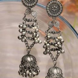 Moedbuille Ghungroo Studded Antique Design Silver-Plated Handcrafted Tasselled Jhumki Earrings-15