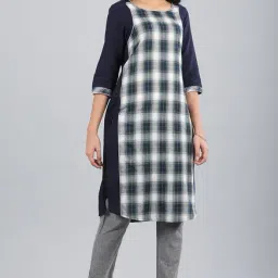 Aurelia Navy Round Neck Checks Cotton Kurta-image-55