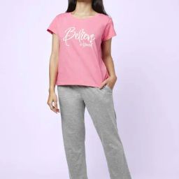 YU by Pantaloons Pink Grey Cotton Graphic Print Top Pyjama Set-picture-29