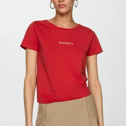 MANGO Women Brand Logo Printed Pure Cotton T-shirt-51