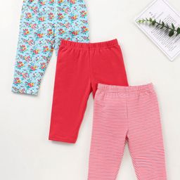 Babyhug Three Fourth Length Cotton Lycra Leggings Floral And Stripe Print Pack Of 3 - Red Blue Pink-image-89