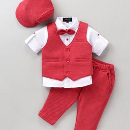 Robo Fry Full Sleeves Solid Color Party Suit with Bow and Cap - Pink White-image-69