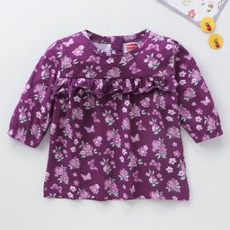 Babyhug Three Forth Sleeves Butterfly & Flower Print With Frill Detailing Top - Purple-image-1