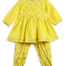 Tiber Taber Full Sleeves Chanderi Embroidered Angrakha Kurta With Floral Foil Print Salwar - Yellow-image-73