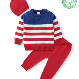 Babyhug Organic Cotton Knit Full Sleeves Striped Sweater Set - Red & Blue-picture-24