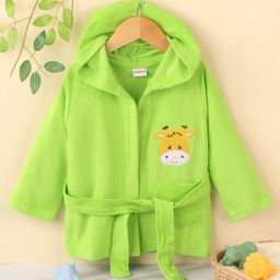 Babyhug Cotton Knit Full Sleeves Hooded Bath Robe Giraffe Embroidery - Green-image-72