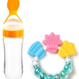 Fantasy India Silicone Squeezy Food Feeder Bottle With Spoon & Rattle Teether - Yellow-image-89